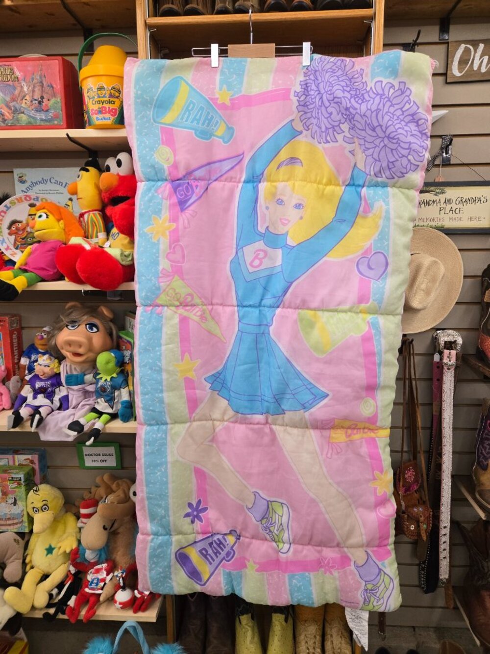 vintage 1999 Mattel Barbie cheerleader sleeping bag pastel pink, blue green